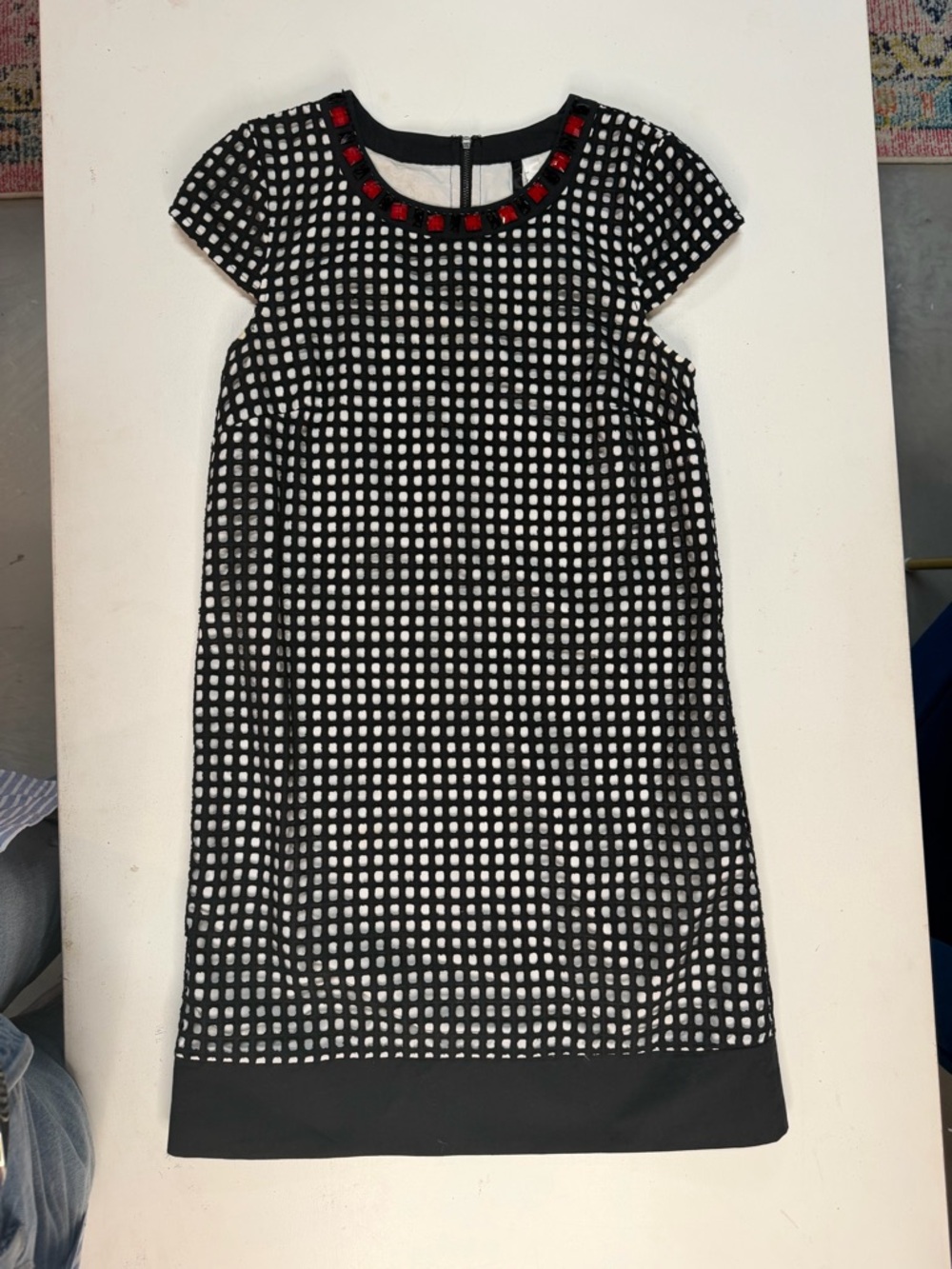 Kensie Black and White Grid Dress with Red Jewel Trim